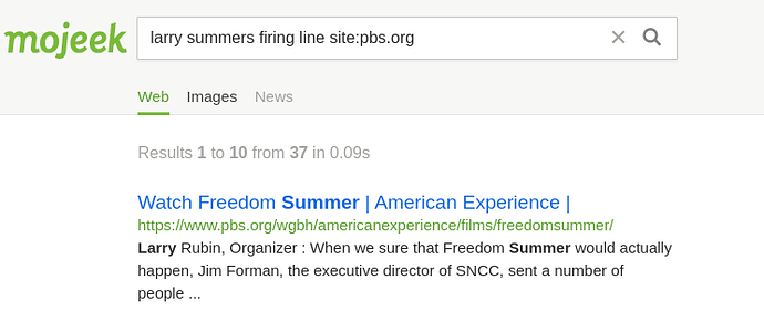 Mojeek search results for "larry summers firing line site:pbs.org" showing an incorrect result.