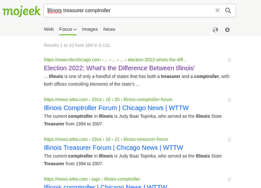 Screen capture of search results from using the Election focus and searching for illinois treasurer comptroller.