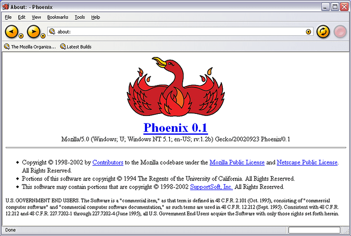 Screen capture of Mozilla Phoenix 0.1 about page