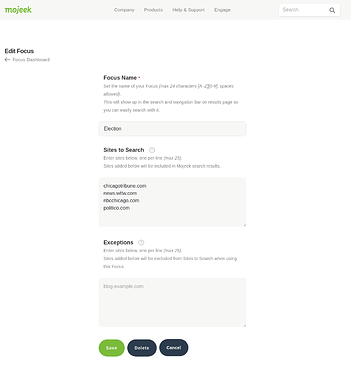 Screen capture of creating a new Mojeek Focus with the name and sites fields filled in.