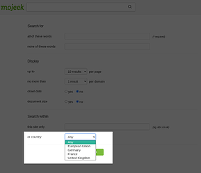 Screen capture of Mojeek Advanced Search page with the country drop-down menu highlighted.