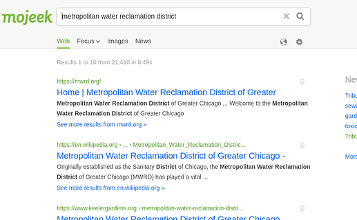 Screen capture of Mojeek search results for the metropolitan water reclamation district including a link to Wikipedia as the second result.