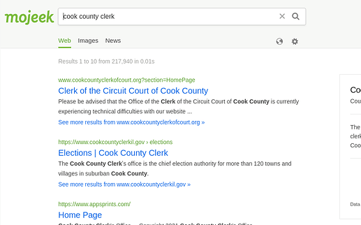 Screen capture of Mojeek search results for cook county clerk.