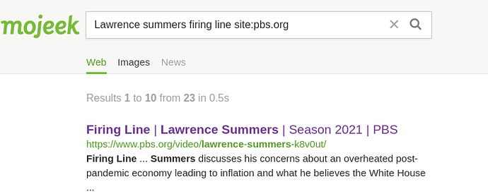 Mojeek search results for "Lawrence summers firing line site:pbs.org" showing the correct top result.