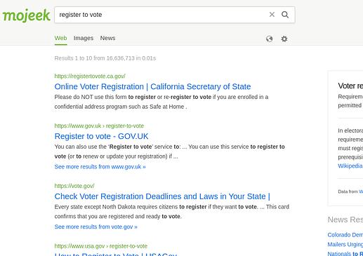 Screen capture of search results for register to vote.