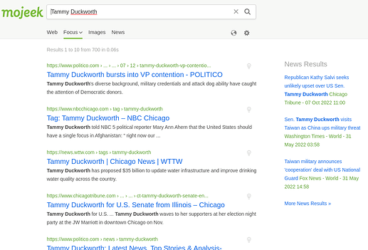 Screen capture of search results for Tammy Duckworth while using the Election focus.