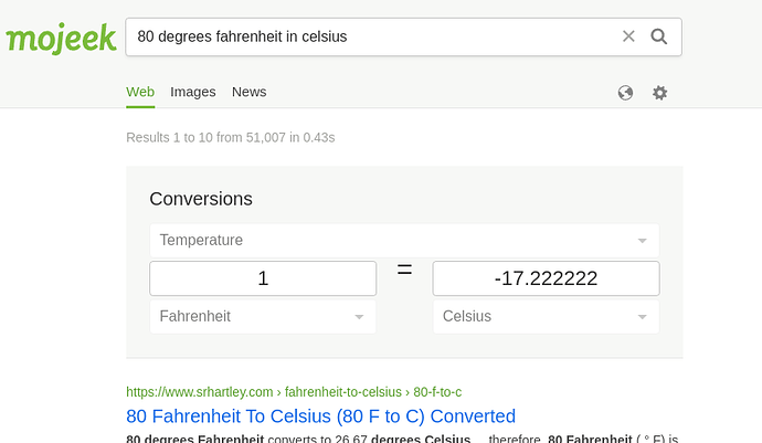 The conversion app has default values instead of the one I searched for.