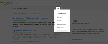 Search results with the region menu highlighted.