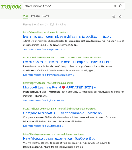 Screen capture of search results for quote learn dot microsoft dot com end quote.