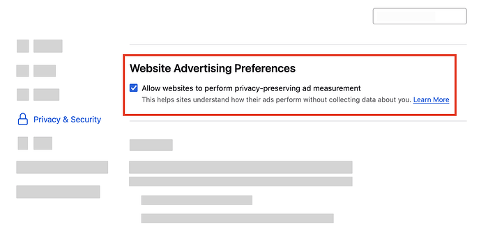 Screen capture of the Website Advertising Preferences section in Firefox Settings.