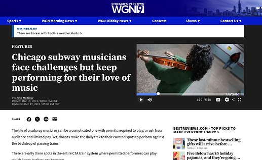 Screenshot of news article. "Chicago subway musicians face challenges but keep performing for their love of music"