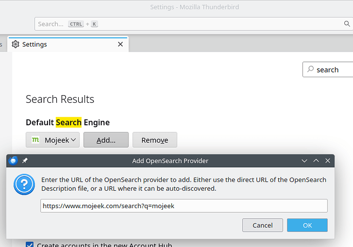 Changing the search engine in MZLA Thunderbird.