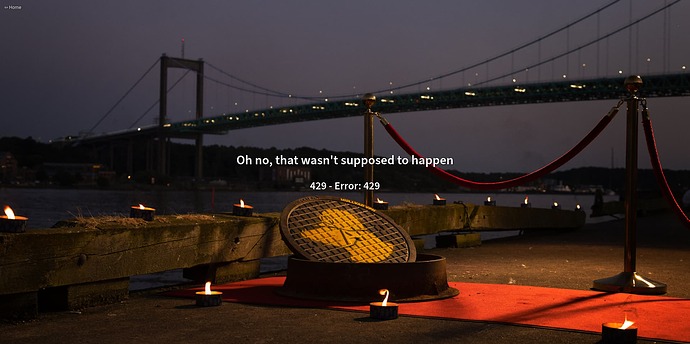 Mullvad Leta error message: A Mullvad-branded manhole cover centered in a shrine on the pier at the foot of the Älvsborg suspension bridge. Error 429 (HTTP Status 429: Too Many Requests).