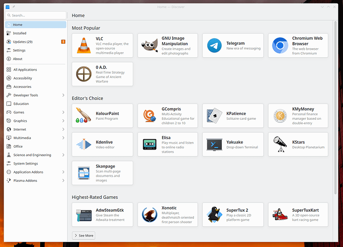 Screen capture of the openSUSE app browser called Discover.
