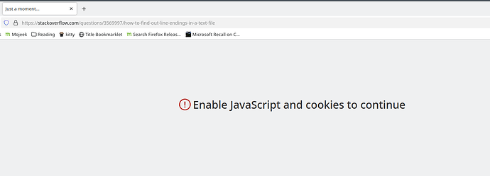 Error message from Stack Overflow: "Enable JavaScript and cookies to continue."