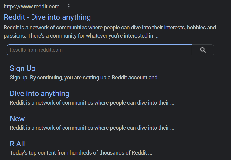 Screenshot of rich result for reddit.com with its own search box labelled "Results from reddit.com"