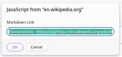 Bookmarklet prompt showing a link formatted in Markdown.