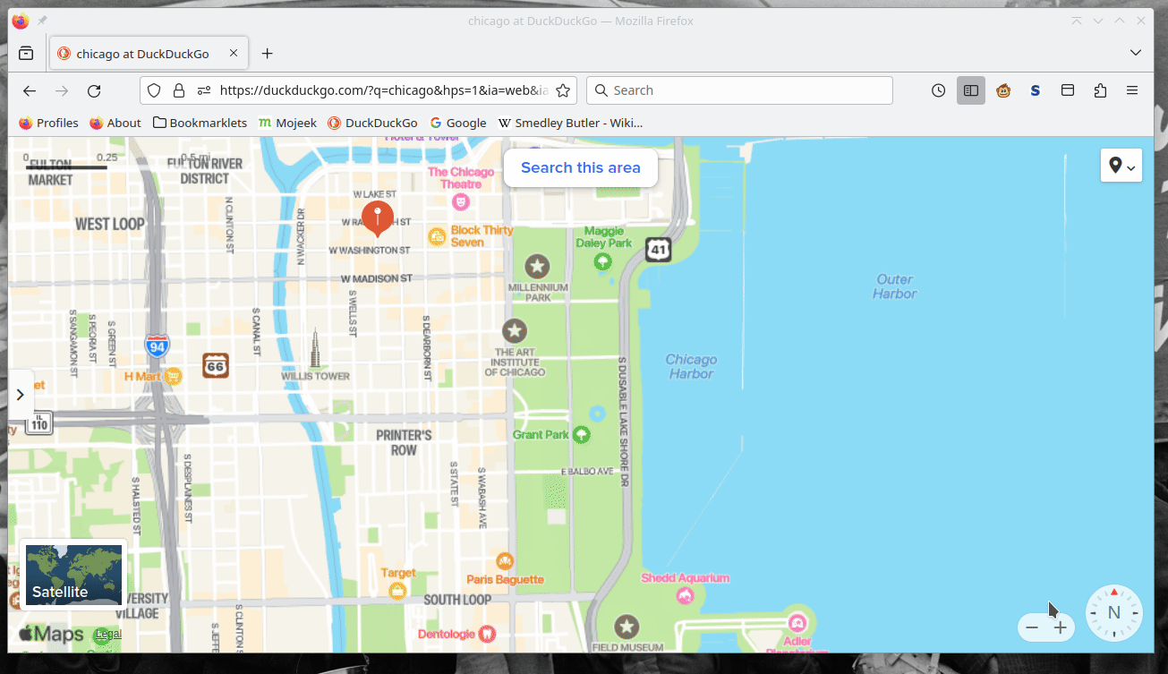 Zooming out from Millennium Park. DuckDuckGo Maps.