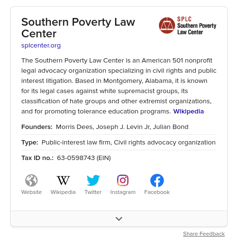 Reads "The Southern Poverty Law Center is an American 501 nonprofit ..."