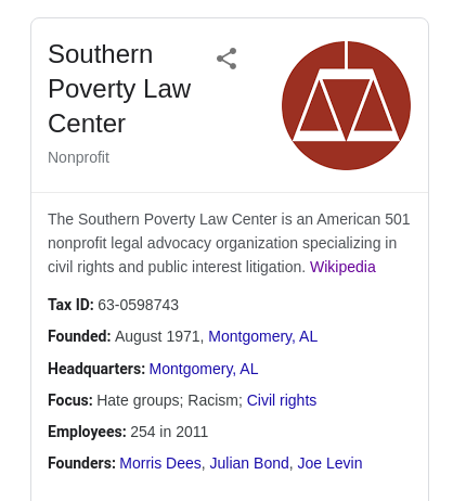Reads "The Southern Poverty Law Center is an American 501 nonprofit..."