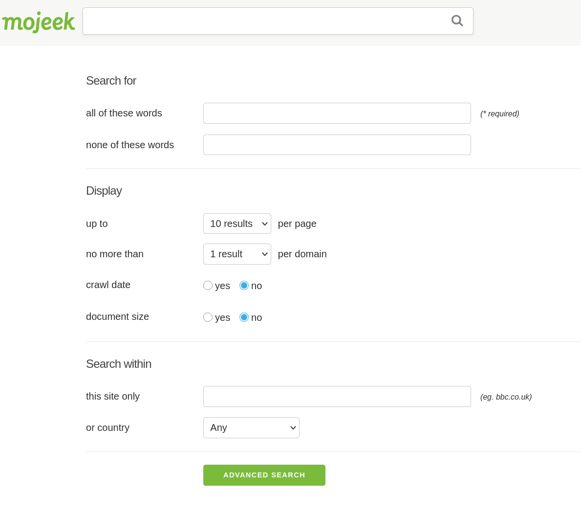 Mojeek Advanced Search Form (link)